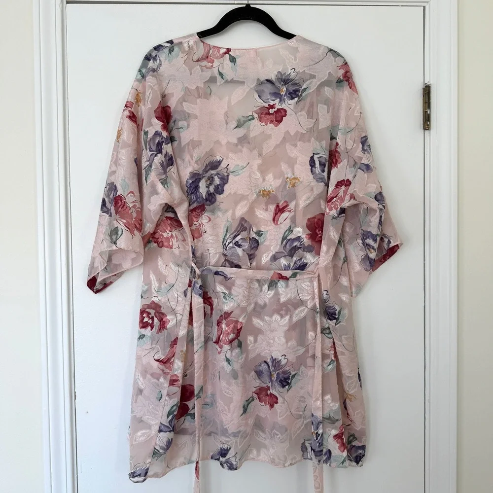 Angelique Vintage Floral‎ Robe & Slip Set Pink Jacquard Lace Trim Large made USA